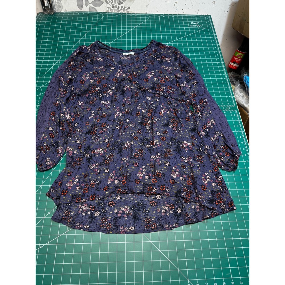 Grace & Lace Purple Floral Crochet Trim Lace Sleeve High Low Babydoll Top Large